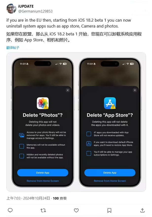 樟木头镇苹果手机维修分享iOS 18.2 支持删除 App Store 应用商店 