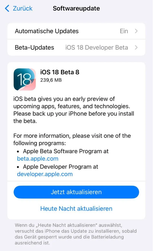 樟木头镇苹果手机维修分享苹果 iOS / iPadOS 18 开发者预览版 Beta 8 发布 